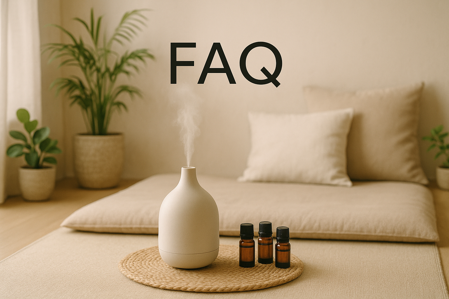 un espace de détente zen avec diffuseur et huiles essentielles, un titre indiquant "FAQ"