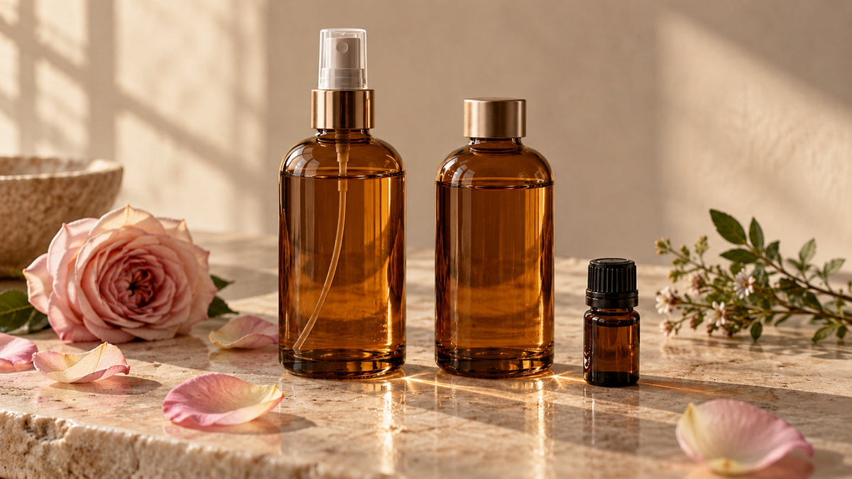 Flacons de différentes tailles avec une rose pour illustrer hydrolats, eaux florales et huiles essentielles.