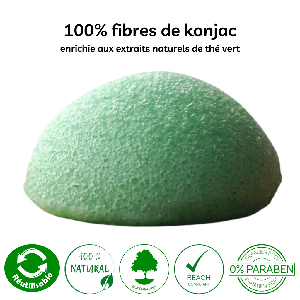 Éponge Konjac au thé vert – Nettoyage doux et équilibre des peaux sensibles