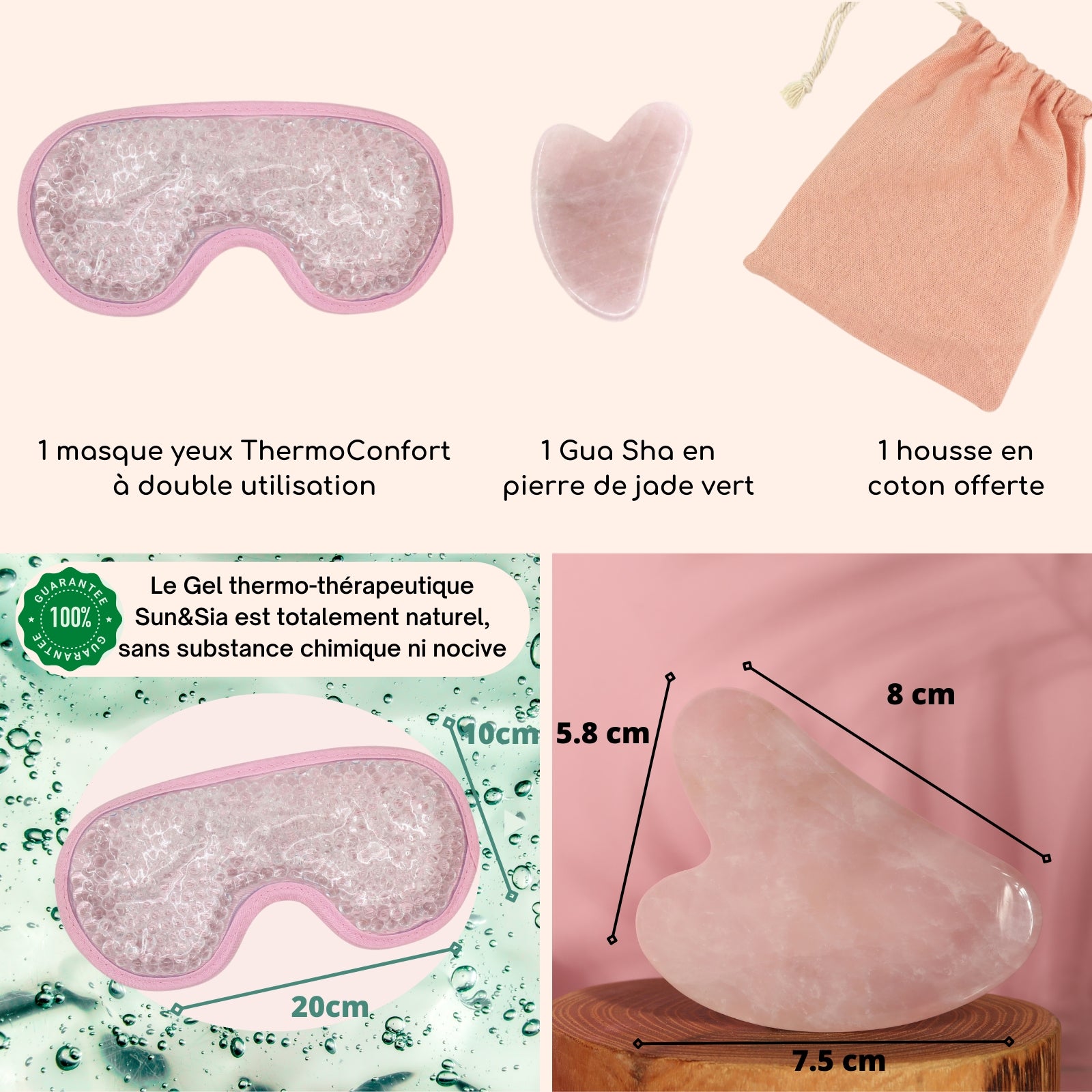 Kit Masque Yeux ThermoConfort et Gua Sha en quartz rose + housse