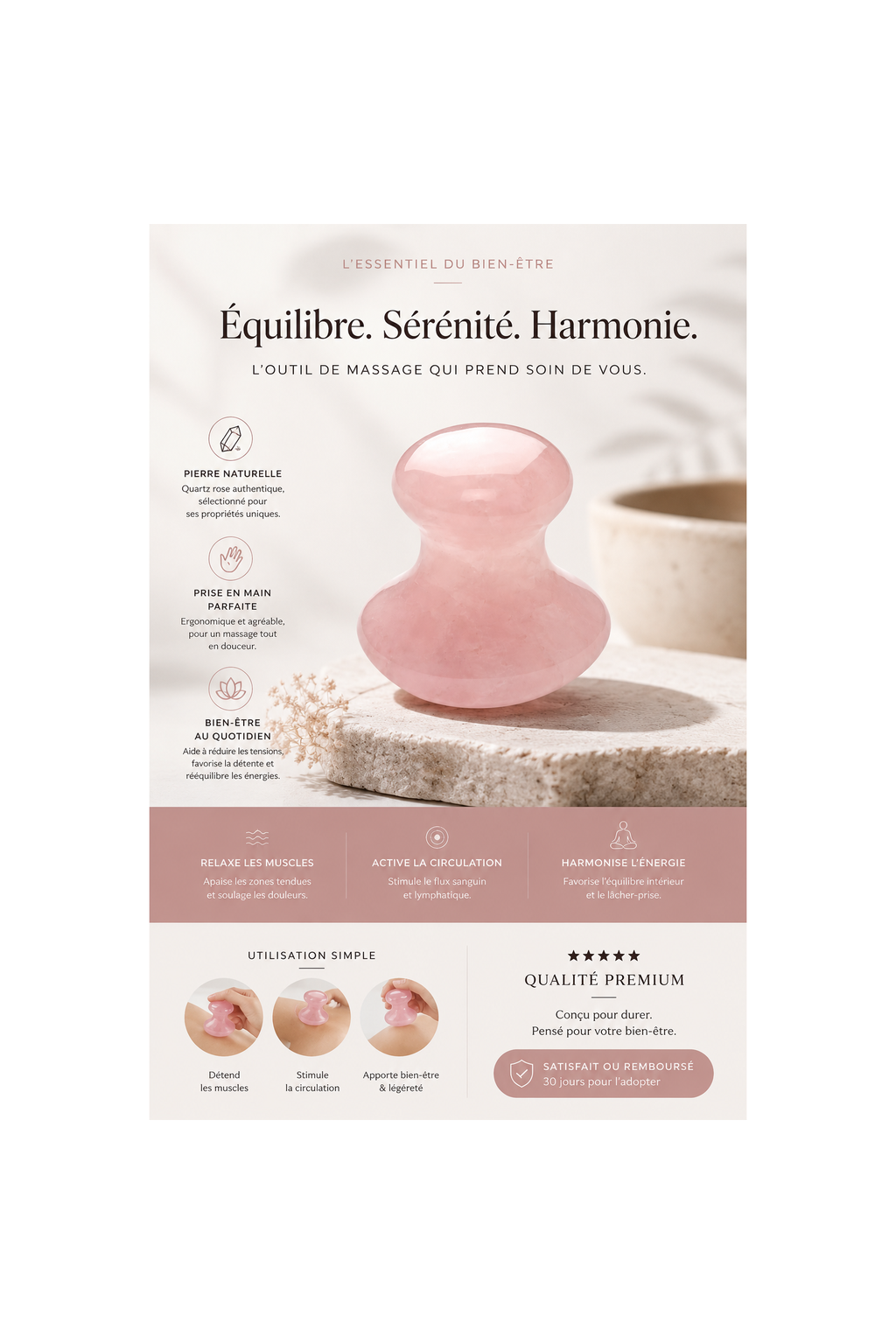 Champi Gua Sha en quartz rose